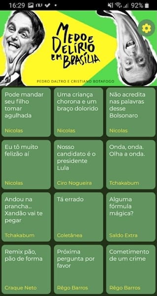 12 green tiles on a grid, each with a different sound name. On the top is the podcast name along with Jair Bolsonaro's face.