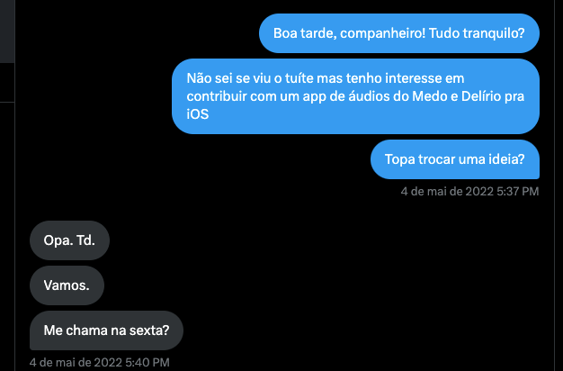 6 Twitter DMs exchanged between Rafael and Sidronio show them scheduling a time to talk.