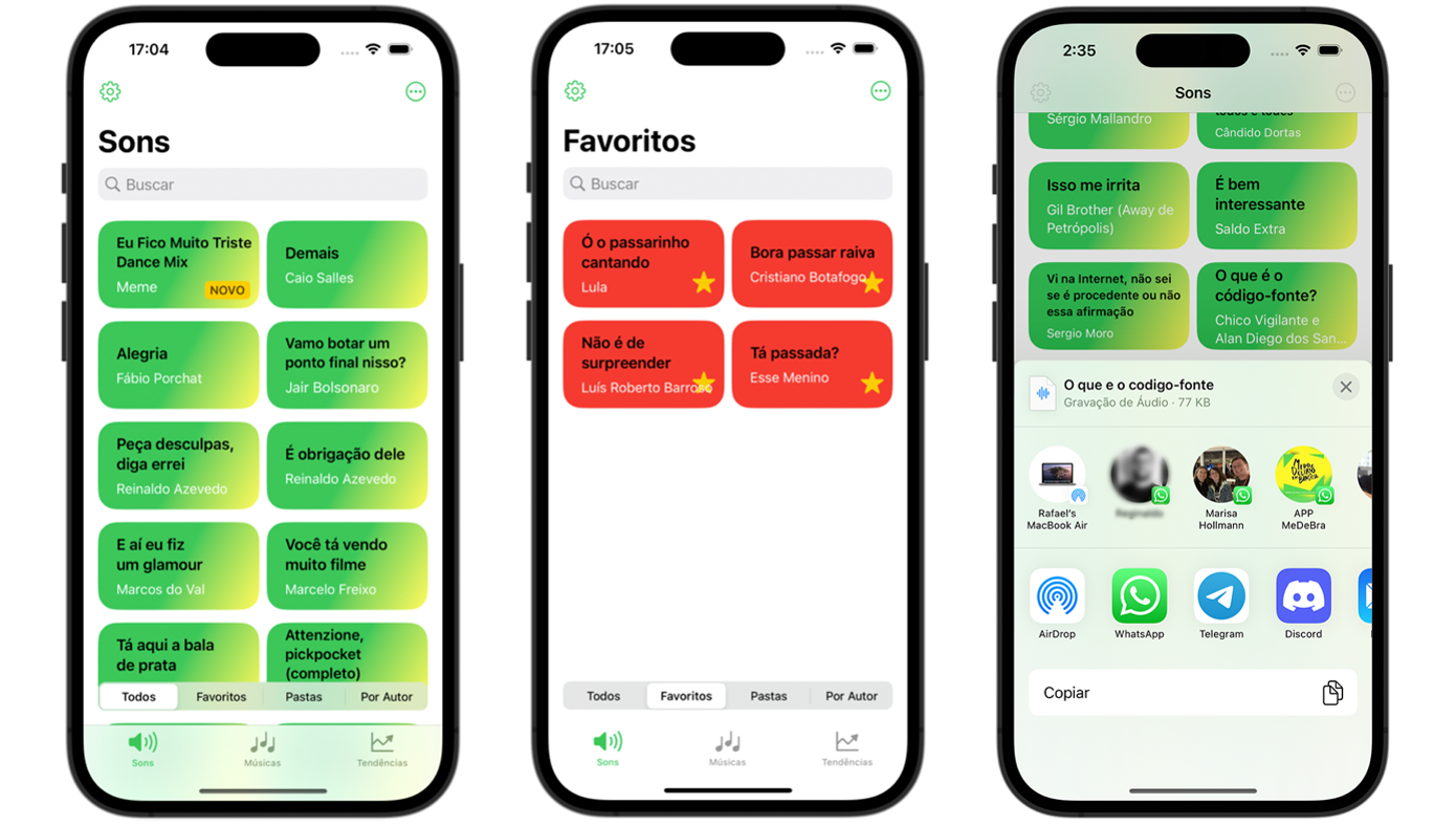 Three iPhones side by side show the main features of the app: the sound list, favorites and sharing with the standard iOS Share Sheet.